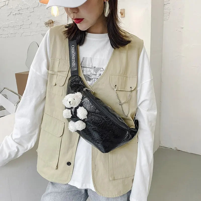 Women Chest Bag Bright Crossbody Bag PU Adjustable Shoulder Strap Pouch