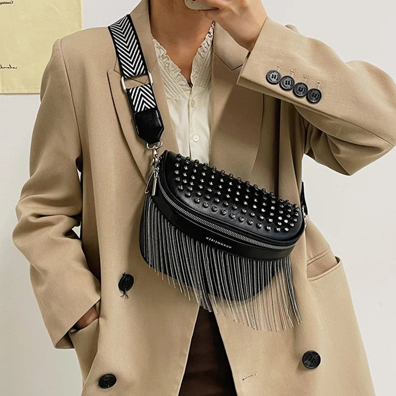 Women Chest Bag Tassel Pu Leather Large Capacity Crossbody Bag Waist Bags