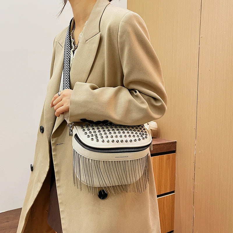 Women Chest Bag Tassel Pu Leather Large Capacity Crossbody Bag Waist Bags