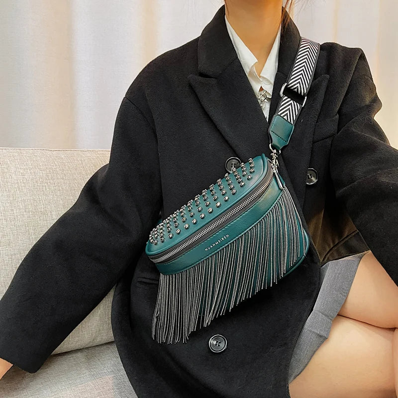 Women Chest Bag Tassel Pu Leather Large Capacity Crossbody Bag Waist Bags