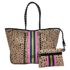 Leopard Neoprene Tote Bag with Purse, Colorful Prene Overnight Travel Beach Bag