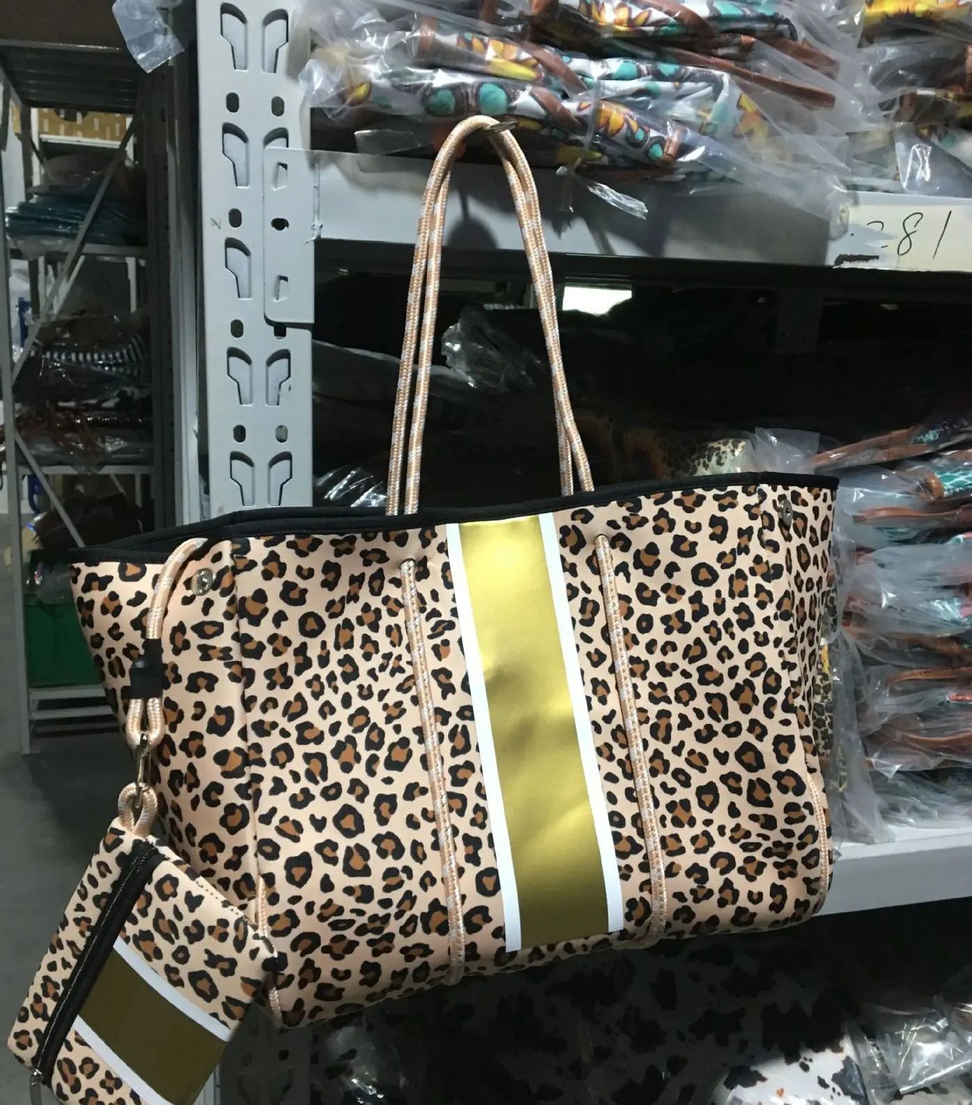 Leopard Neoprene Tote Bag with Purse, Colorful Prene Overnight Travel Beach Bag