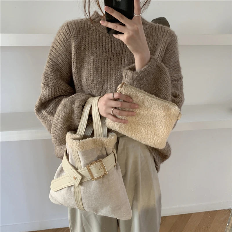 Plush Messenger Bag Women Bucket Shoulder Bags Ladies Purse Tote