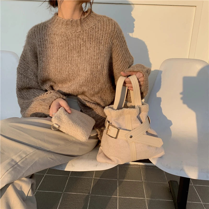 Plush Messenger Bag Women Bucket Shoulder Bags Ladies Purse Tote