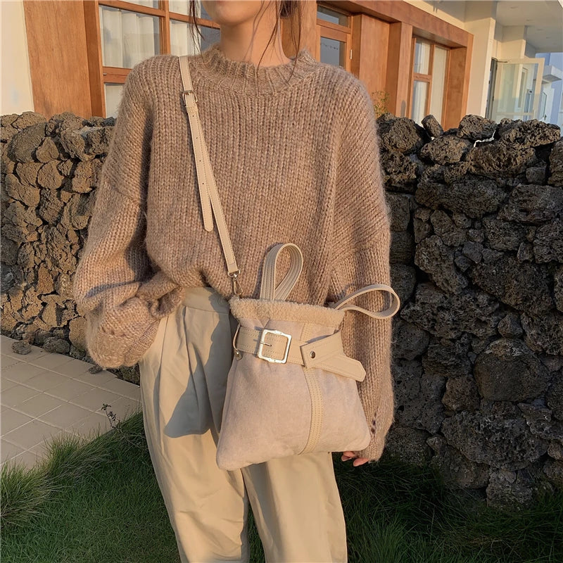 Plush Messenger Bag Women Bucket Shoulder Bags Ladies Purse Tote