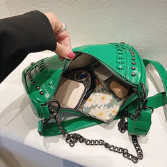 Studded Half-Moon Crossbody Bag with Chain Shoulder Strap
