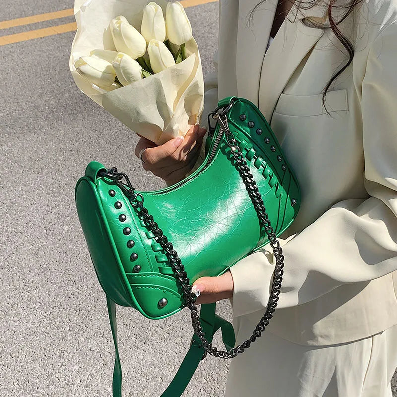 Studded Half-Moon Crossbody Bag with Chain Shoulder Strap