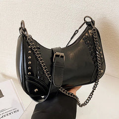 Studded Half-Moon Crossbody Bag with Chain Shoulder Strap