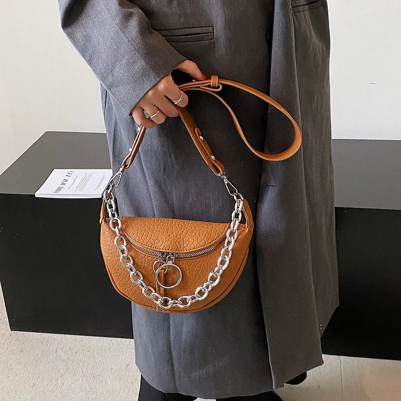 Leather Waist Bag Ladies Fanny Pack Thick Chain Crossbody Chest Bags