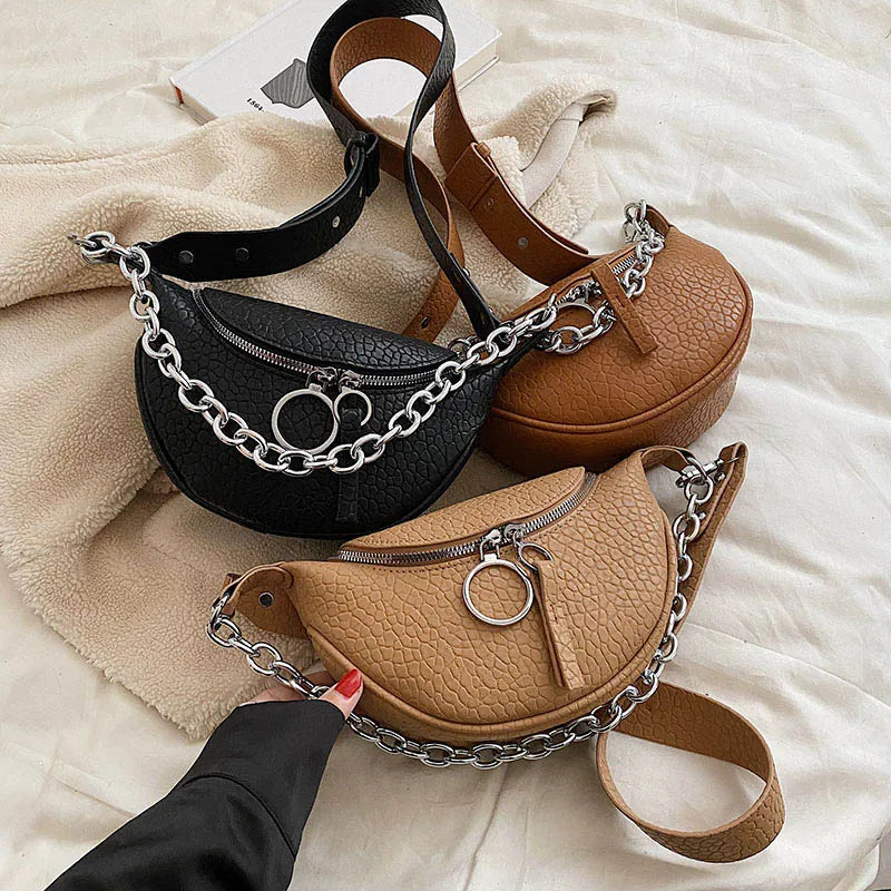 Leather Waist Bag Ladies Fanny Pack Thick Chain Crossbody Chest Bags
