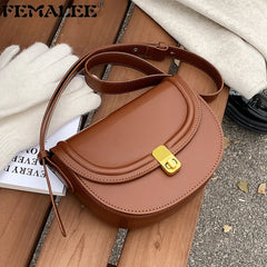 Women's Half Round Saddle Purse PU Leather Crossbody Bags Chain Handbag