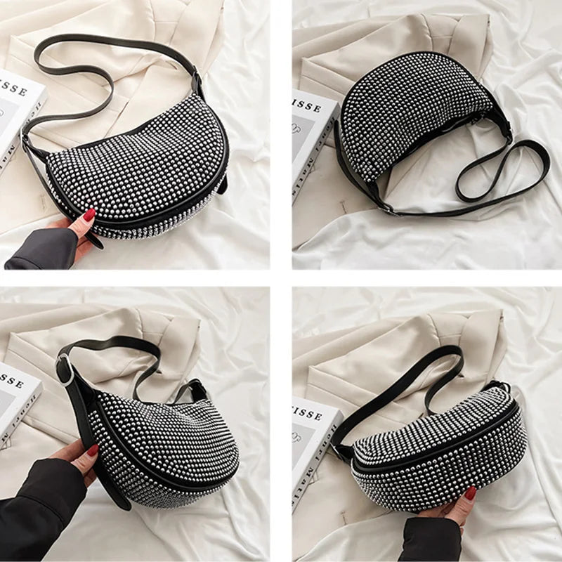 Zircon PU Leather Shoulder Half Moon Bag For Women