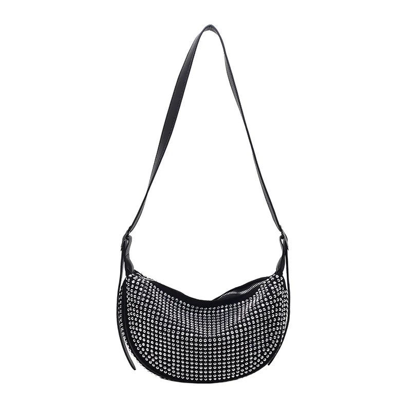 Zircon PU Leather Shoulder Half Moon Bag For Women