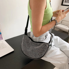 Zircon PU Leather Shoulder Half Moon Bag For Women