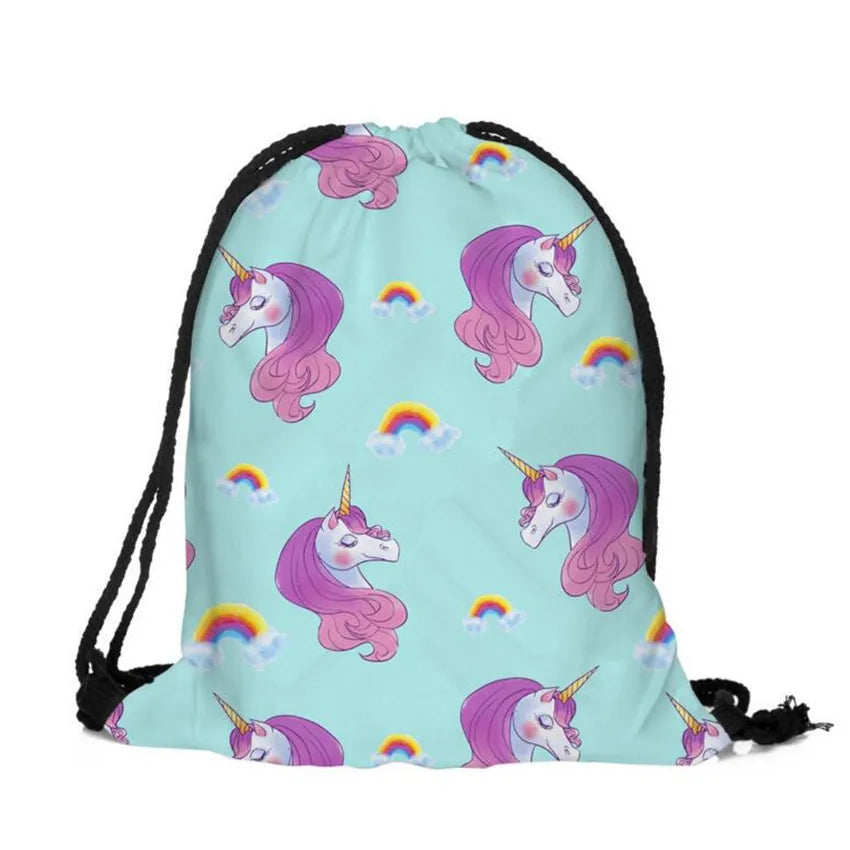 3D Cartoon Unicorn Drawstring Backpack Thin Rope Strap Small Size