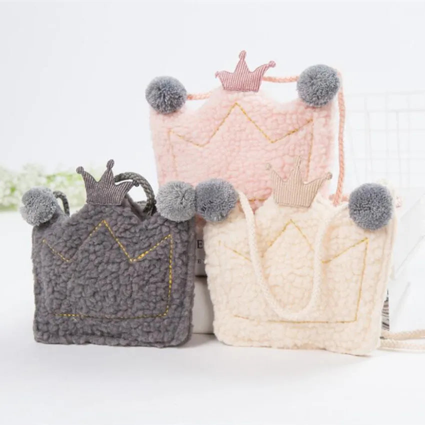 Lovely Plush Crown Kids Messenger Bag Hair Ball Embellishment