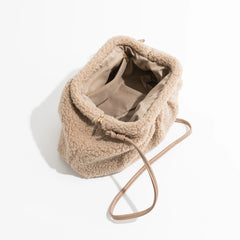 Faux Fur Pleated Shoulder Bag Metal Frame Hobo Purse
