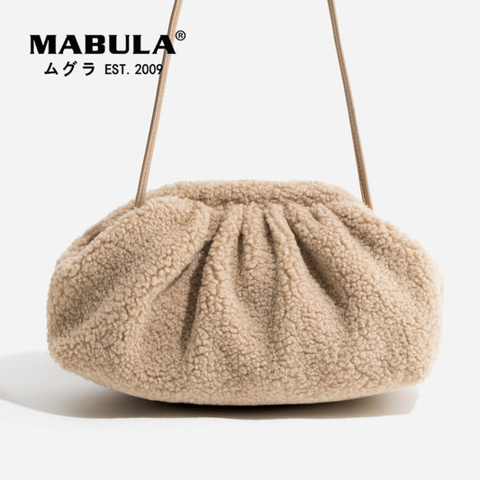Faux Fur Pleated Shoulder Bag Metal Frame Hobo Purse