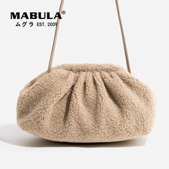 Faux Fur Pleated Shoulder Bag Metal Frame Hobo Purse