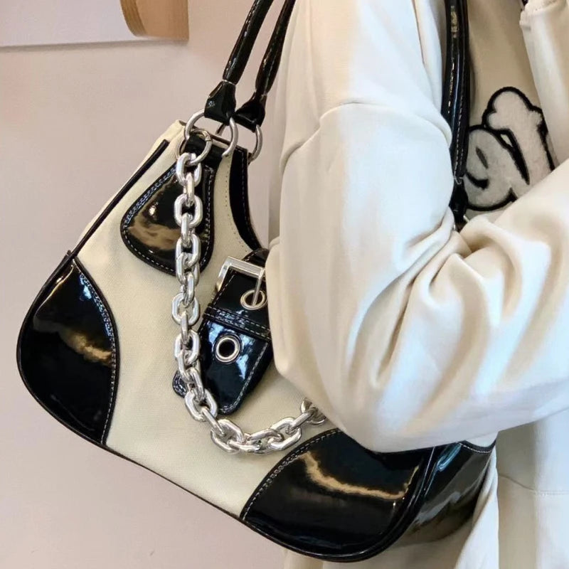 MBTI Vintage Casual Shoulder Bag for Women Canvas Chain Zipper Underarm Bag