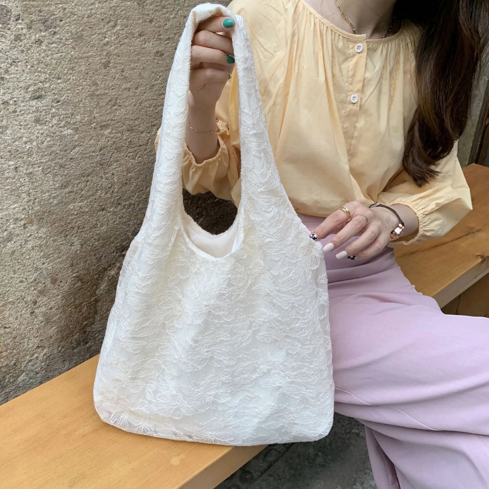 Floral Lace Canvas Shopper Tote Bag Shoulder Bags Large Capacity