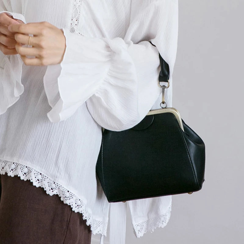 Vintage Women Bags Female Retro Shoulder Handbag Kiss Lock PU Leather Clip Bag