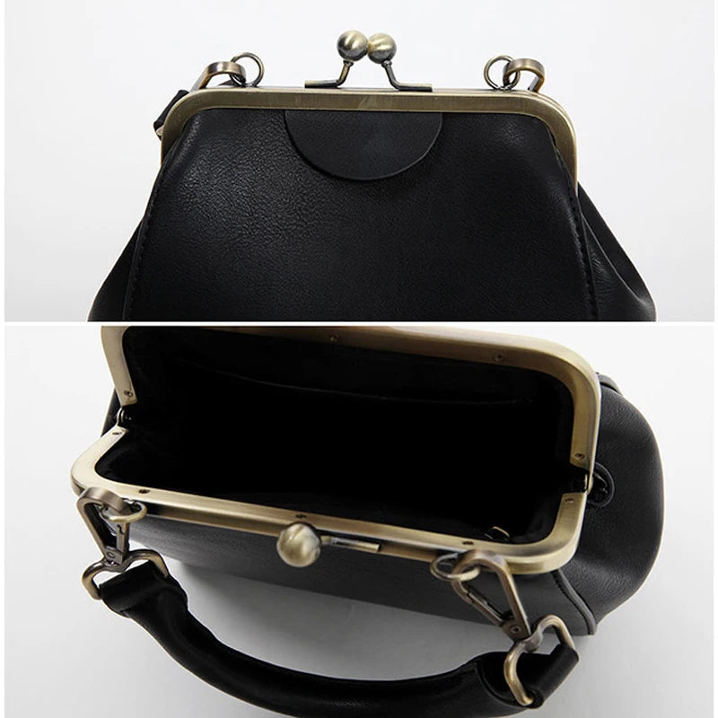 Vintage Women Bags Female Retro Shoulder Handbag Kiss Lock PU Leather Clip Bag