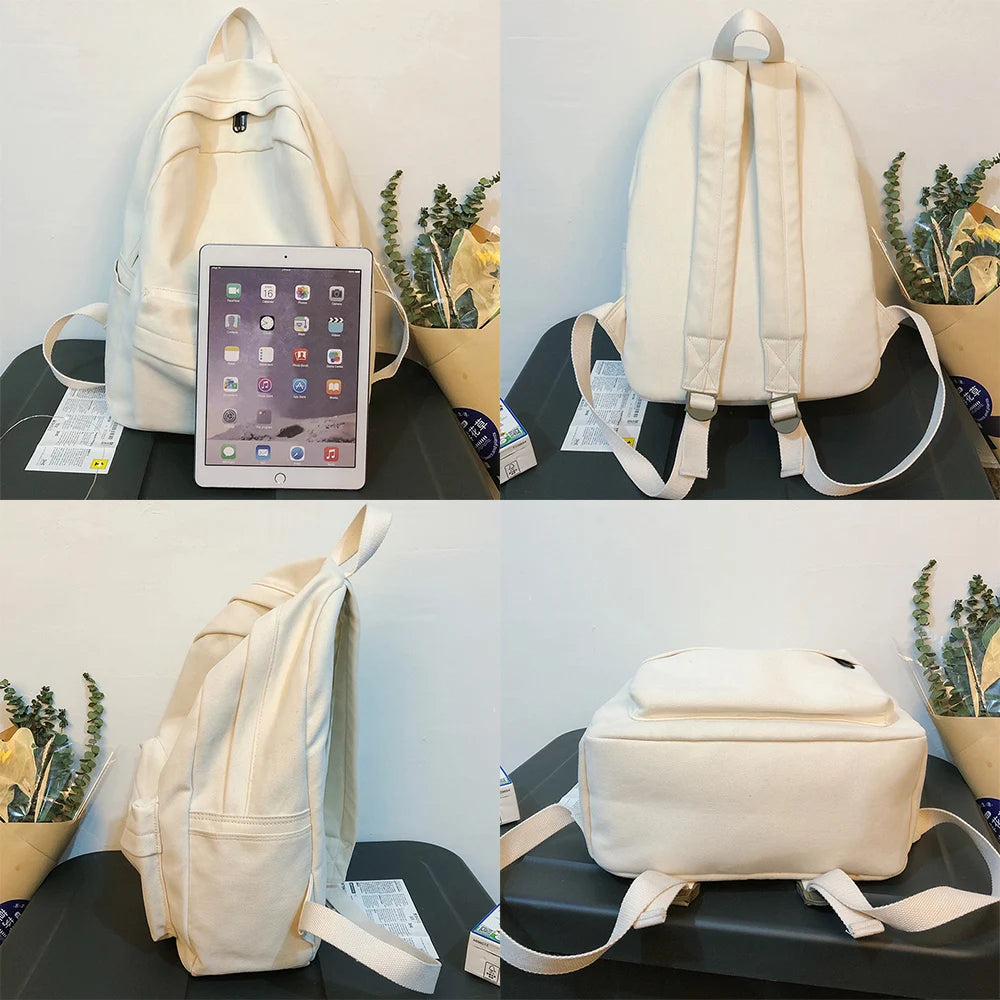 Large Capacity School Backpack Solid Cotton Canvas Schoolbag Teenage Girl Bookba