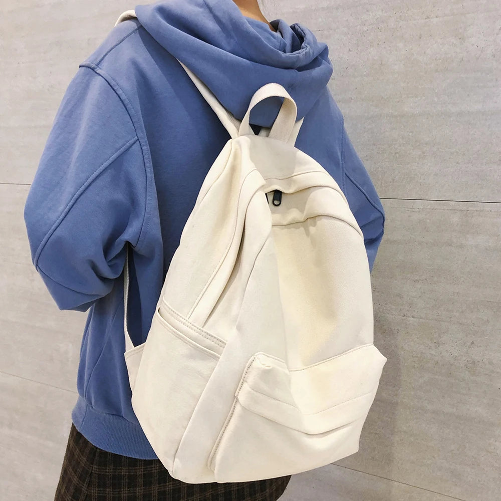 Large Capacity Cotton Backpack for Teenagers - Solid School Bag