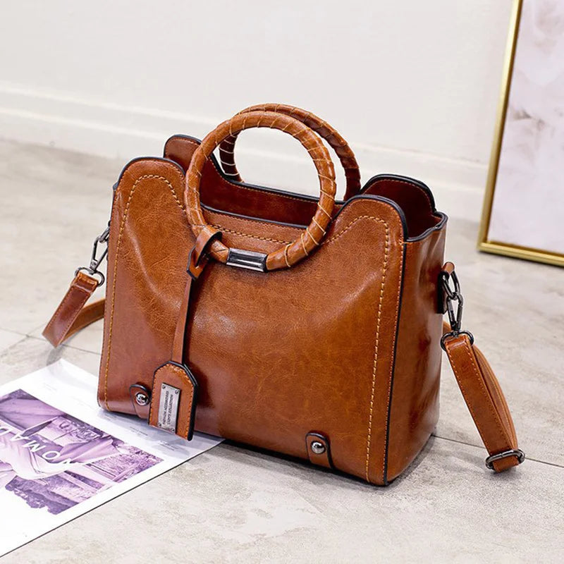 Soft Oil Wax PU Leather Handbag Women Messenger Bag Casual Tote