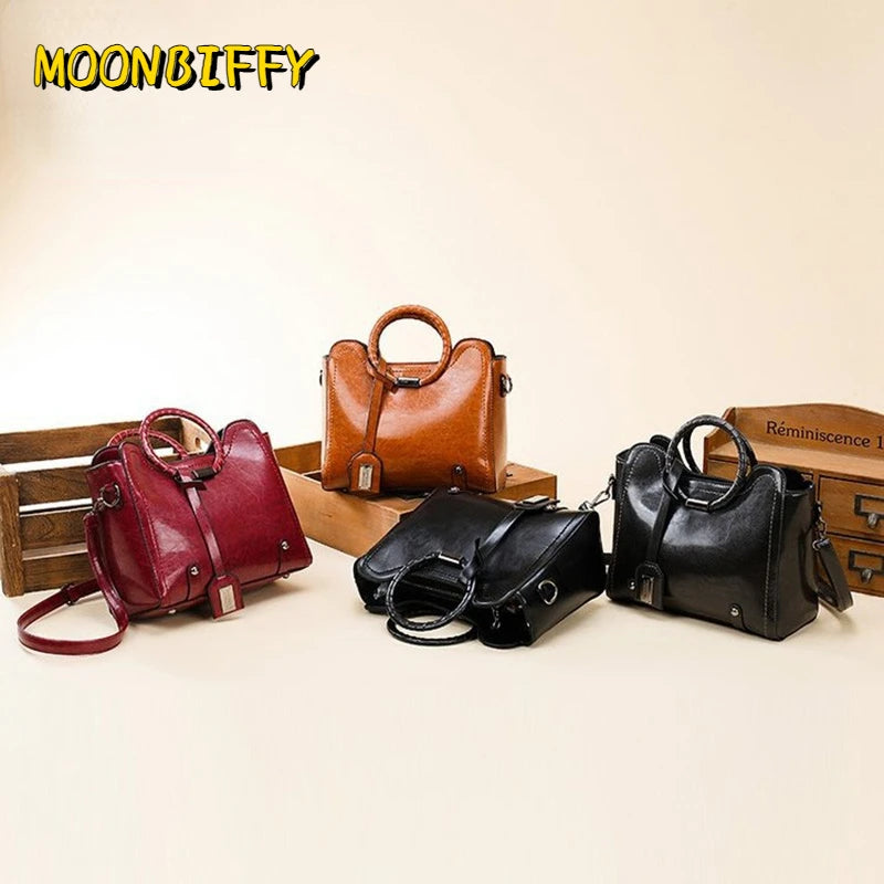 Soft Oil Wax PU Leather Handbag Women Messenger Bag Casual Tote