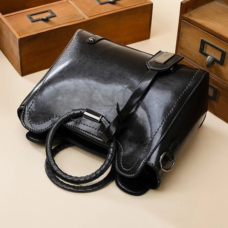 Soft Oil Wax PU Leather Handbag Women Messenger Bag Casual Tote
