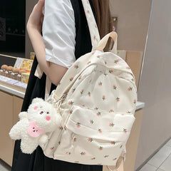 Floral Nylon School Bags for Girls Large Capacity Women Pink Backpack