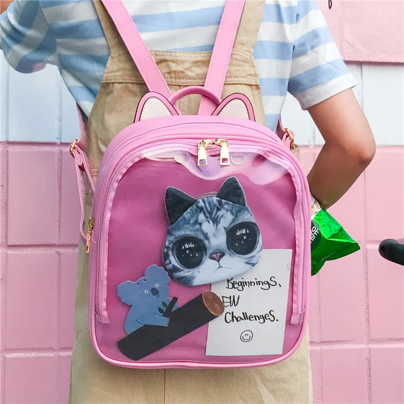 Cat Ear Leather Backpack Transparent Women Shoulder Bag