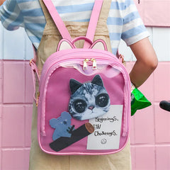 Cat Ear Leather Backpack Transparent Women Shoulder Bag