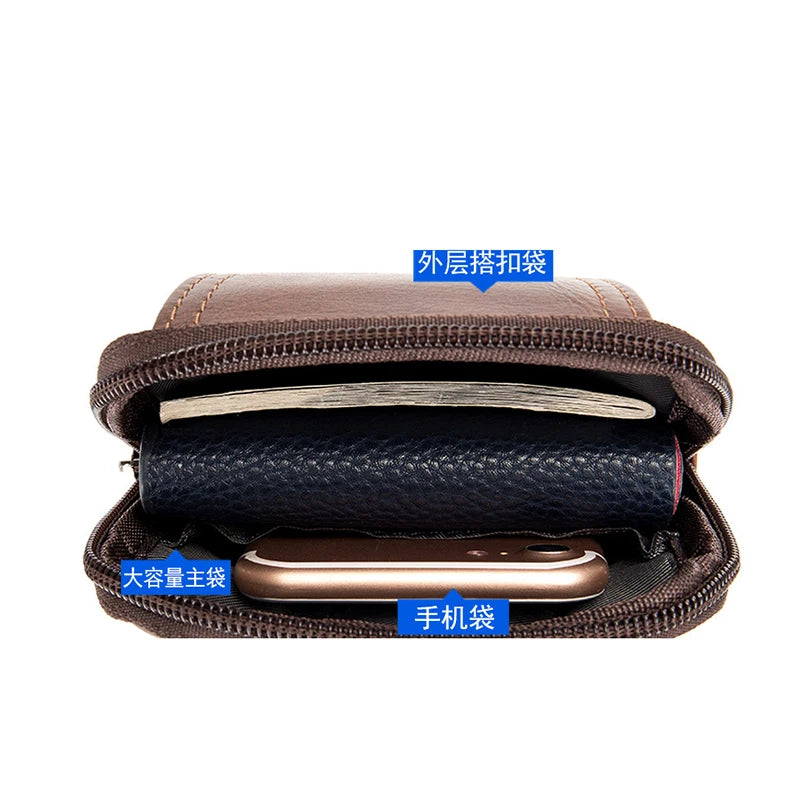Men's Retro Cowhide Leather 5.5 Inch Waist Bag Phone Pockets Belt Bag