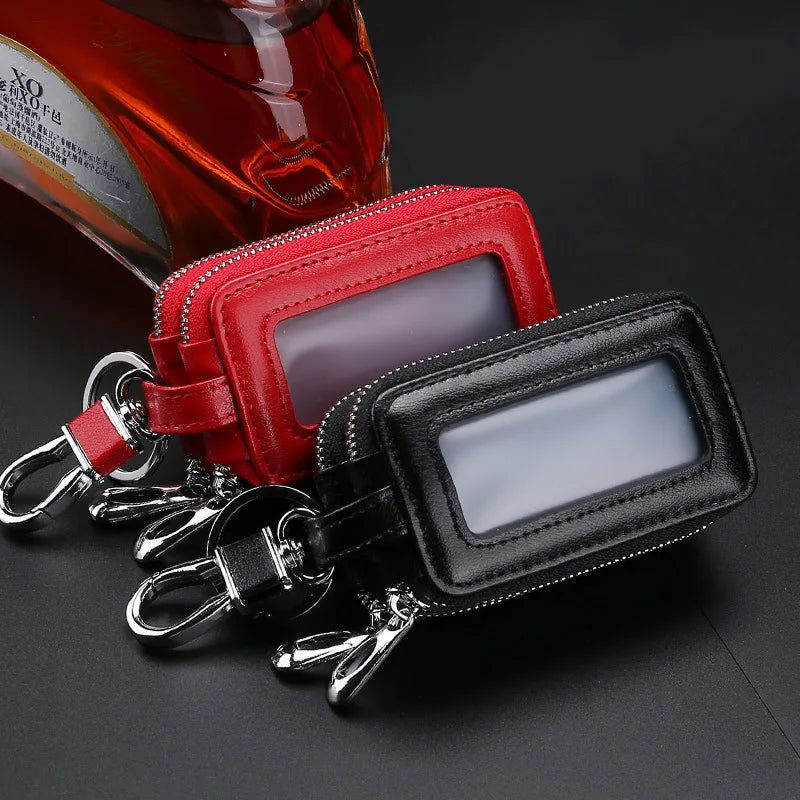 Cowhide Double Zipper Key Case Large Capacity Waist Padlock Key Case