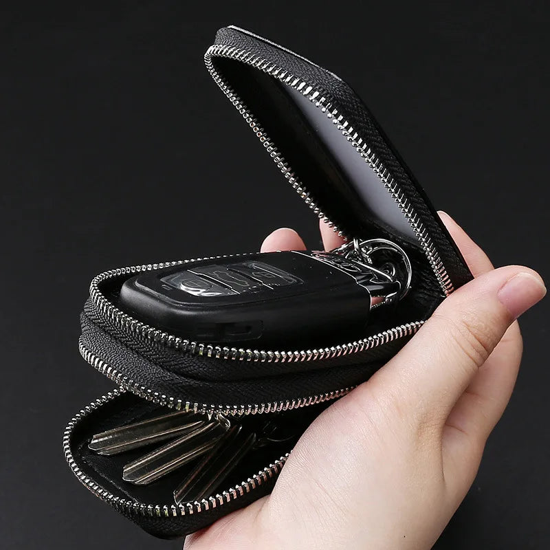 Cowhide Double Zipper Key Case Large Capacity Waist Padlock Key Case