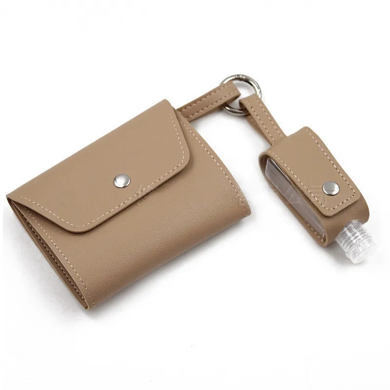 Mask Storage Bag w/ Hand Sanitizer Bottle PU Leather Key Chain Bag