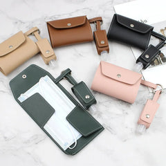 Mask Storage Bag w/ Hand Sanitizer Bottle PU Leather Key Chain Bag