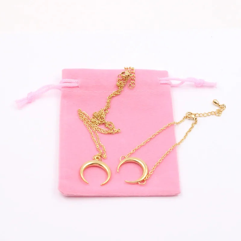 Mavis Hare 20mm Moon Necklace & Bracelet Set with Pink Bag