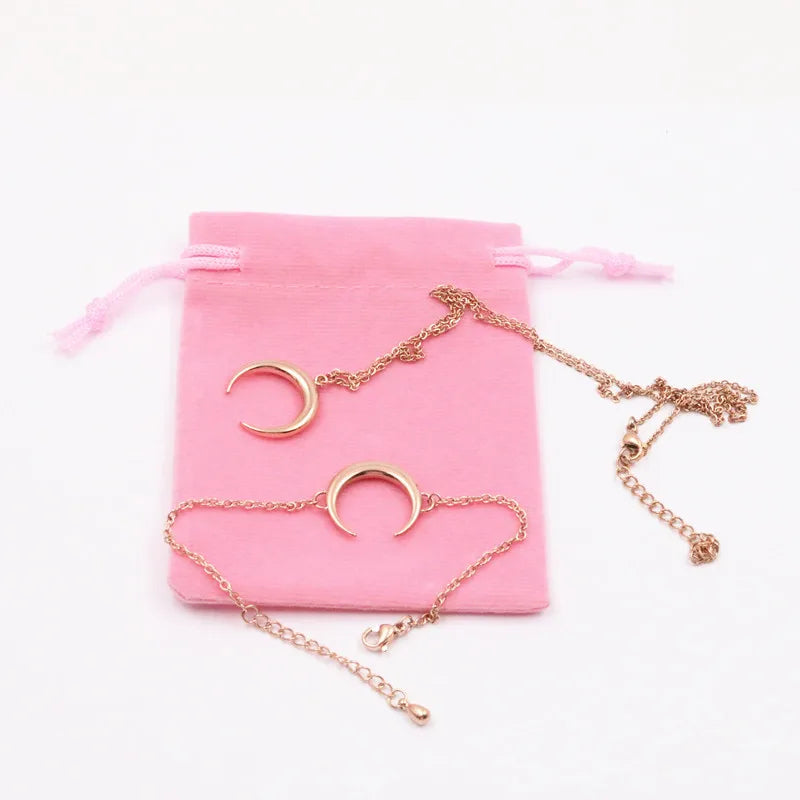 Mavis Hare 20mm Moon Necklace & Bracelet Set with Pink Bag
