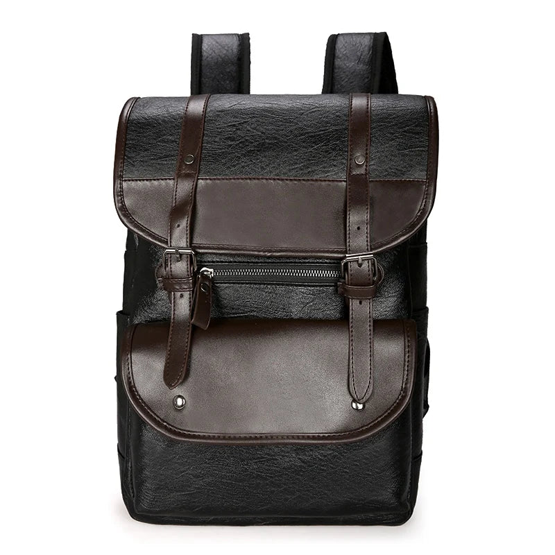 Men Leather Backpack Large Laptop Schoolbag Patchwork Brown