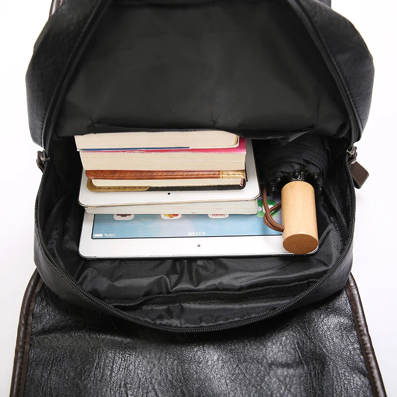 Men Leather Backpack Large Laptop Schoolbag Patchwork Brown