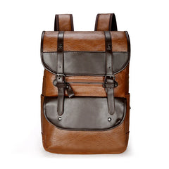 Men Leather Backpack Large Laptop Schoolbag Patchwork Brown