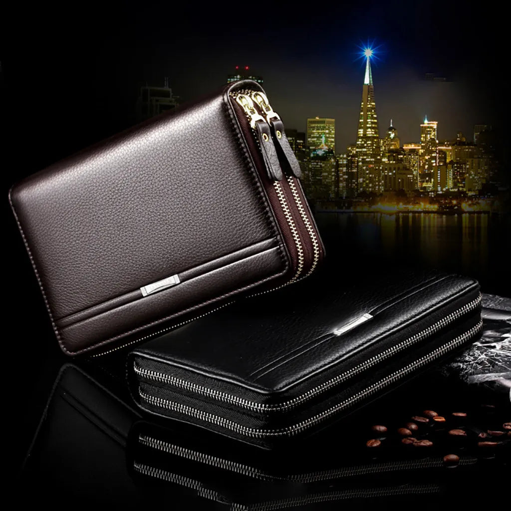Men Business Waterproof Long Double Zipper Wallet Bag