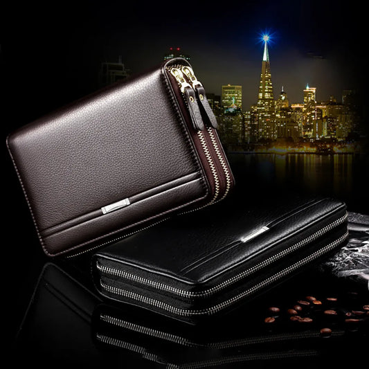 Men Business Waterproof Long Double Zipper Wallet Bag