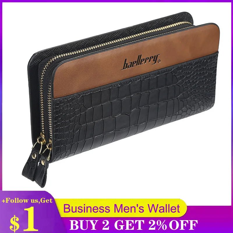 Men Leather Wallet Double Zipper Crocodile Stripe Brown Bag