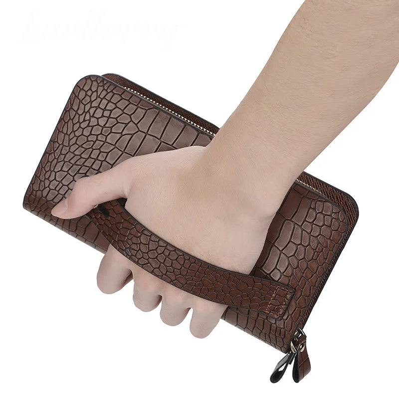 Men Leather Wallet Double Zipper Crocodile Stripe Brown Bag