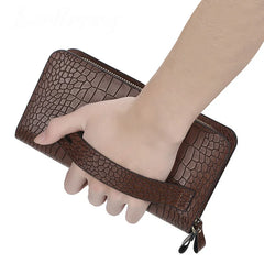 Men Leather Wallet Double Zipper Crocodile Stripe Brown Bag